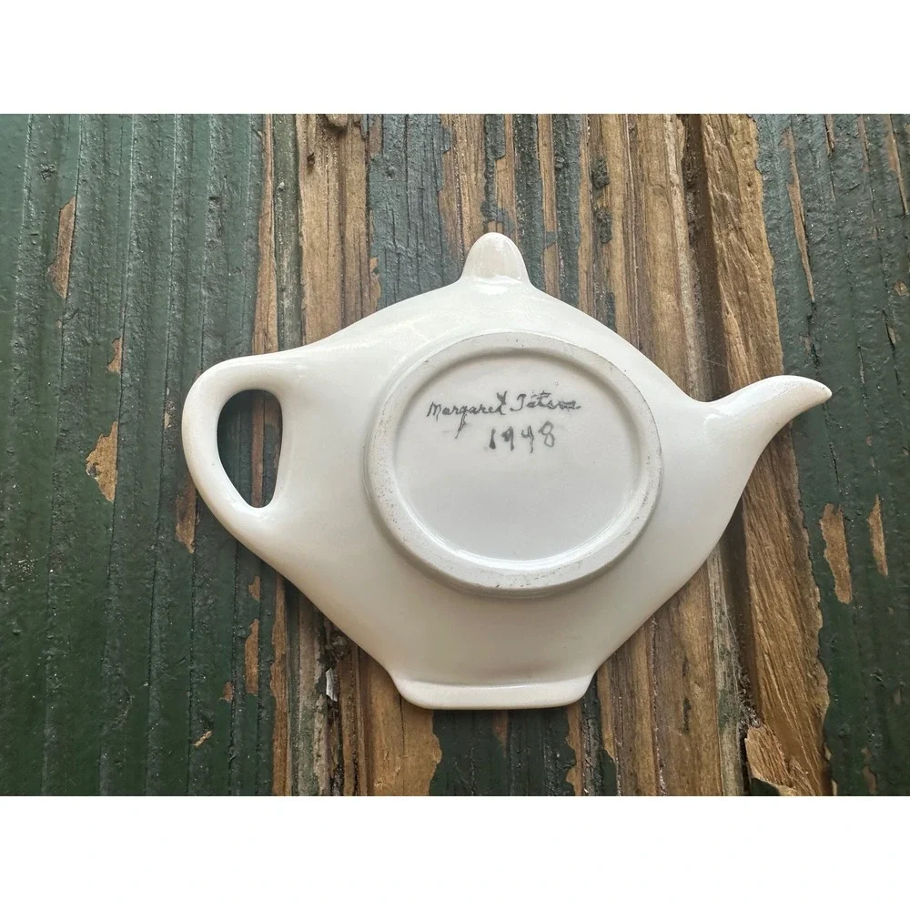 Vintage 1948 Signed Margaret Tatom Hand Painted Ceramic Teapot Tea Bag Rest Dish